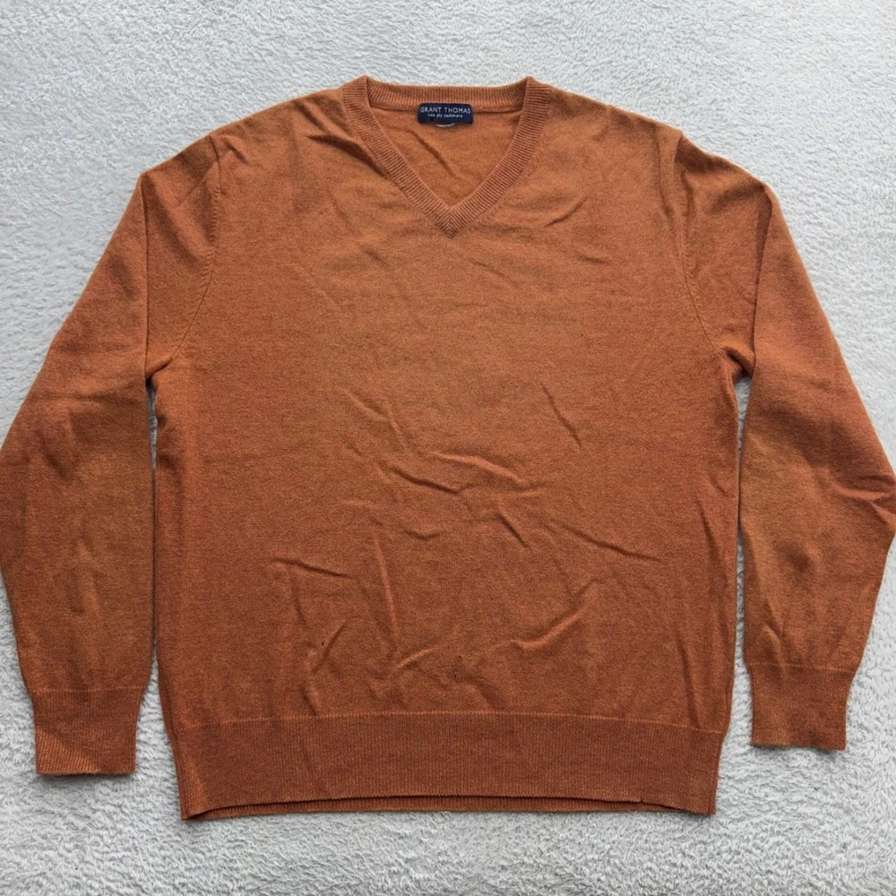 Grant Thomas Mens Burnt Orange 100% Two Ply Cashmere V-Neck Sweater Pullover